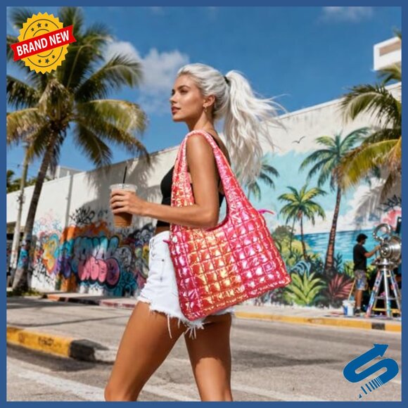 Large Quilted Puffer Tote Bag with Adjustable Shoulder Strap - Picture 2 of 6